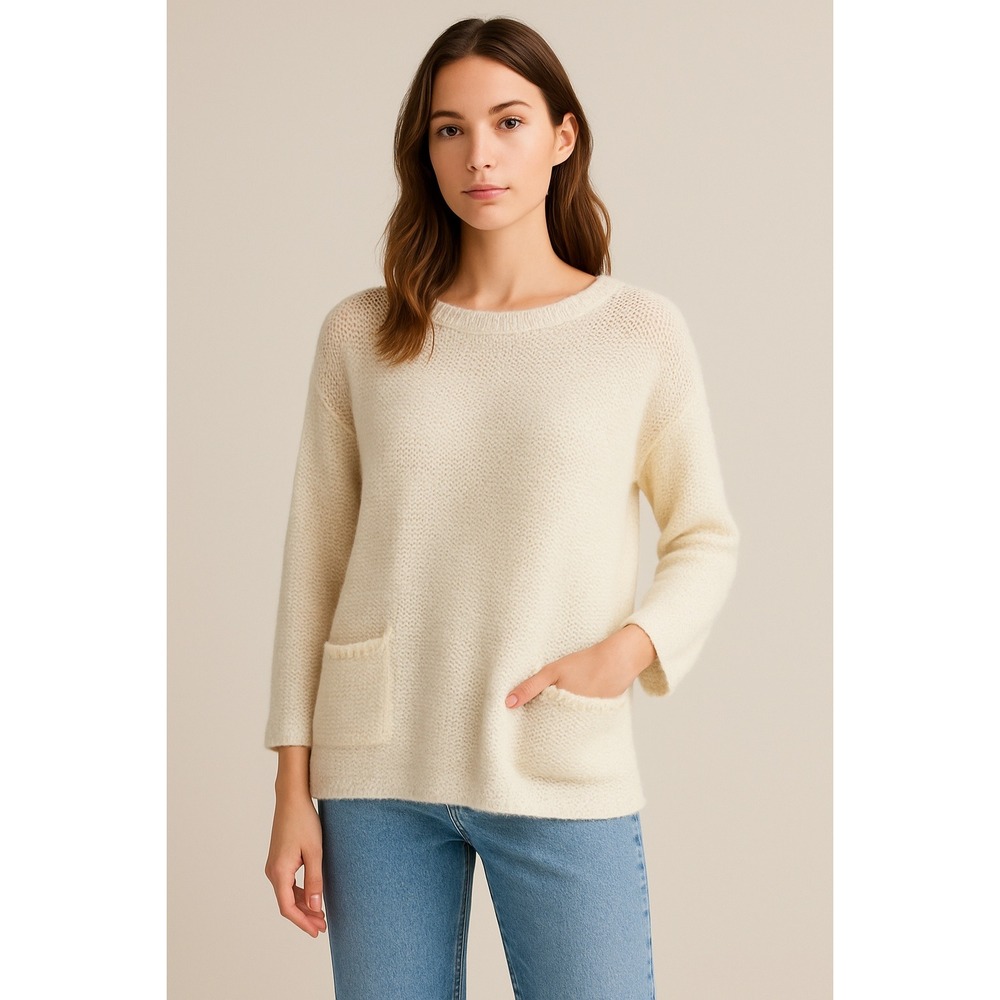 Ulla Johnson Alpaca Wool Blend Ivory Knit Sweater Small Bow Back Pocket Detail